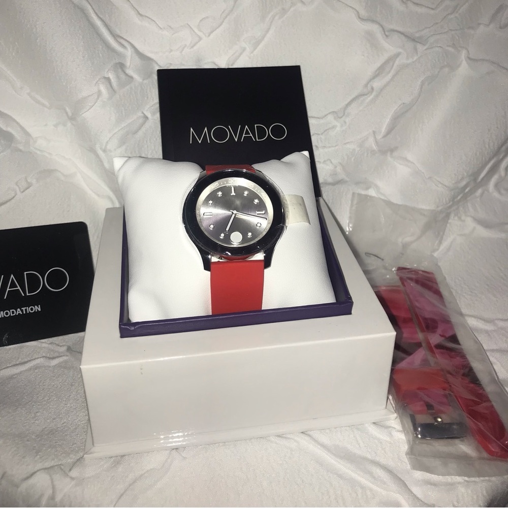 NWT MOVADO Bold Active Silver Dial Red Silicone Watch w/Interchangeable Strap